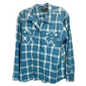 Eddie Bauer Women's Size XL Fleece Button Up Blue-Green White Plaid Soft Shirt
